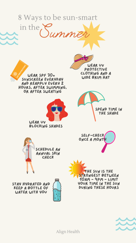 Sun-smart in the summer infographic. Wear sunscreen and reapply, spend time in the shade, self-check, annual skin exam, wear protective gear and sunglasses